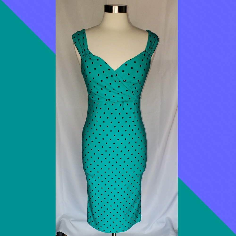 Pinup Couture Turquoise Dress with Black Polka Dots